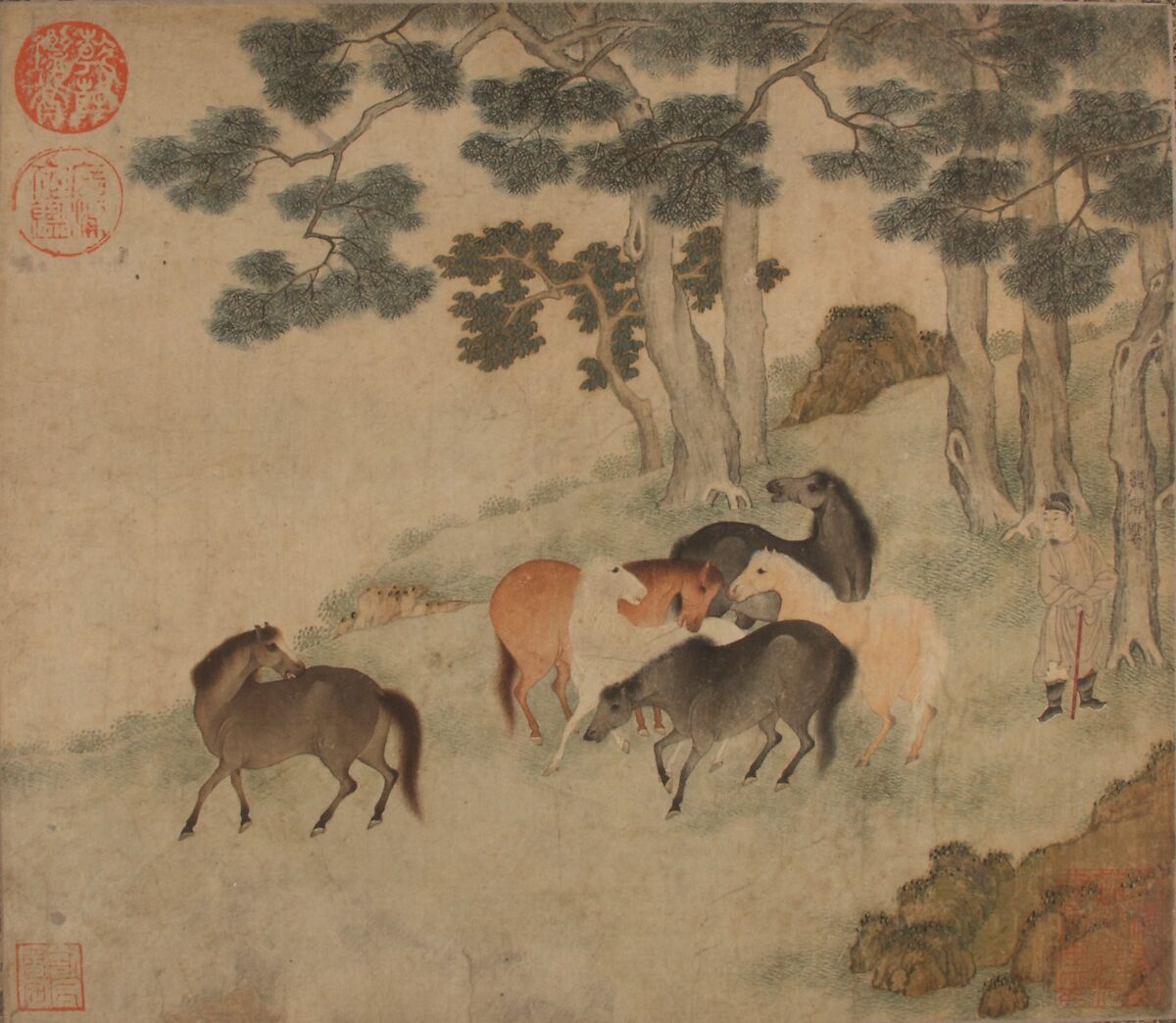 Horses in Landscape with Attendant, Unidentified artist, Album leaf; ink and color on paper, China 