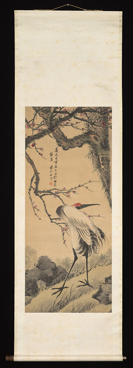 Crane under Prunus, Xiang He, Hanging scroll; ink and color on paper, China
