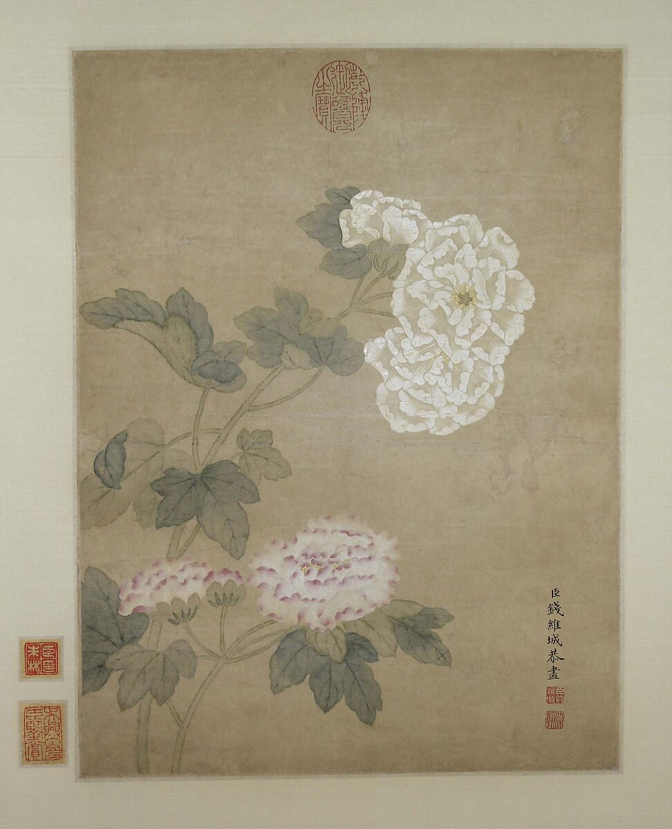 Flowers, Qian Weicheng (Chinese, 1720–1772), Hanging scroll; ink and color on paper, China 