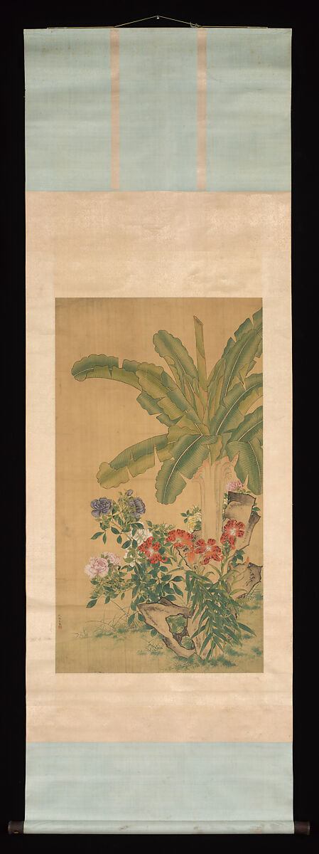 Bananas and Flowers, Shen Qi, Hanging scroll; ink and color on silk, China