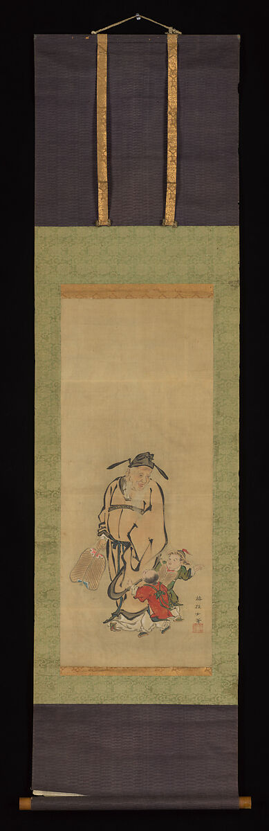 Old Man and Children, Meizhi, Hanging scroll; ink and color on silk, China