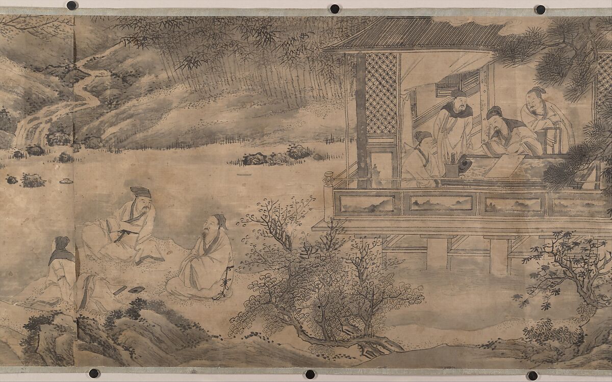 Gathering at the Orchid Pavilion, Qian Gong (Chinese, active 1573–1619), Handscroll; ink on figured damask, China