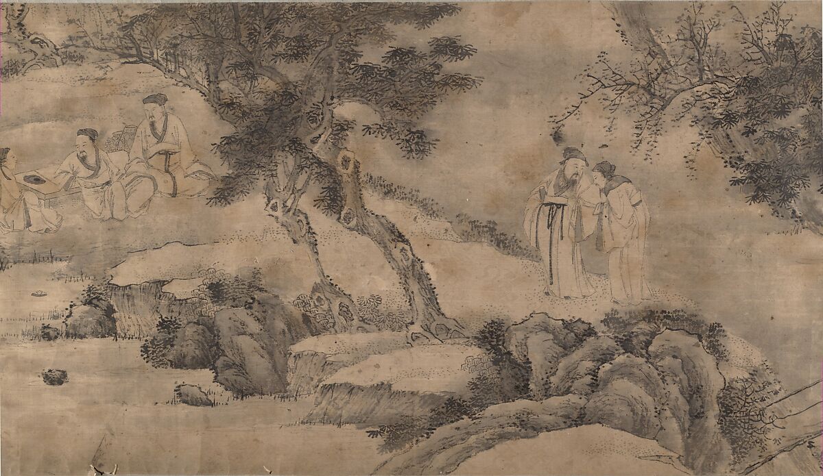 Gathering at the Orchid Pavilion, Qian Gong (Chinese, active 1573–1619), Handscroll; ink on figured damask, China