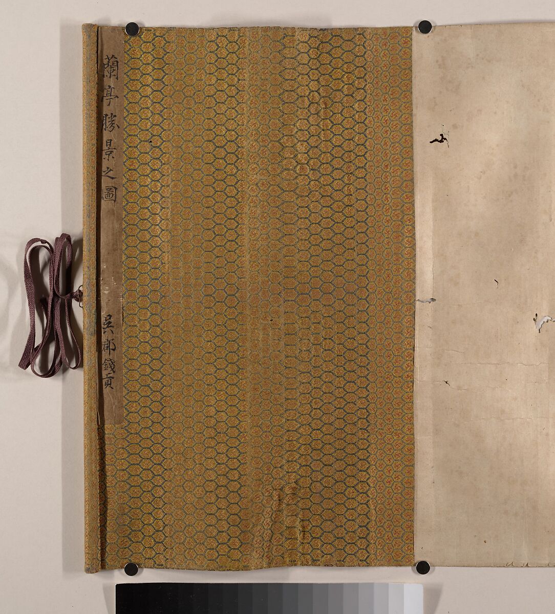 Gathering at the Orchid Pavilion, Qian Gong (Chinese, active 1573–1619), Handscroll; ink on figured damask, China