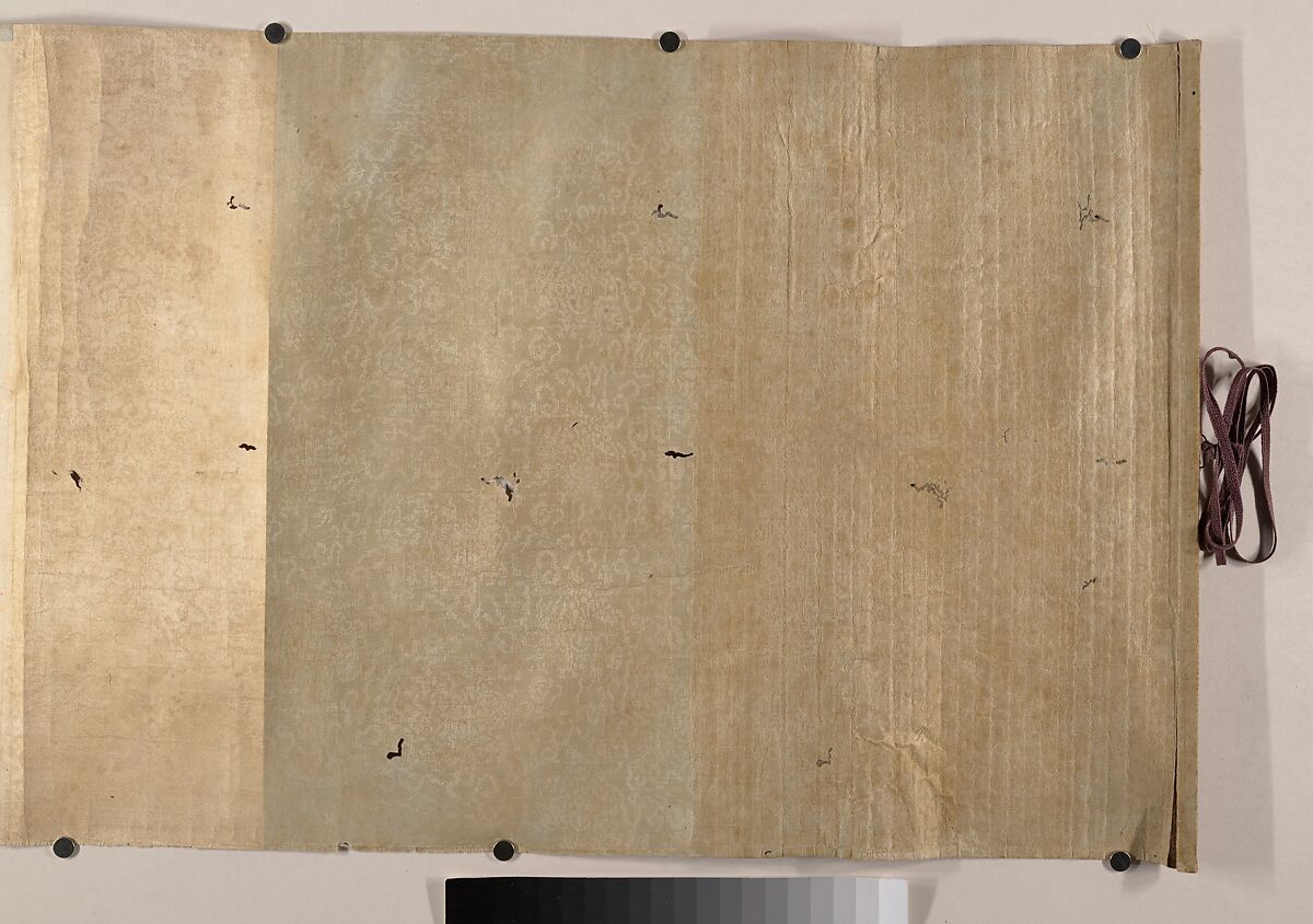 Gathering at the Orchid Pavilion, Qian Gong (Chinese, active 1573–1619), Handscroll; ink on figured damask, China