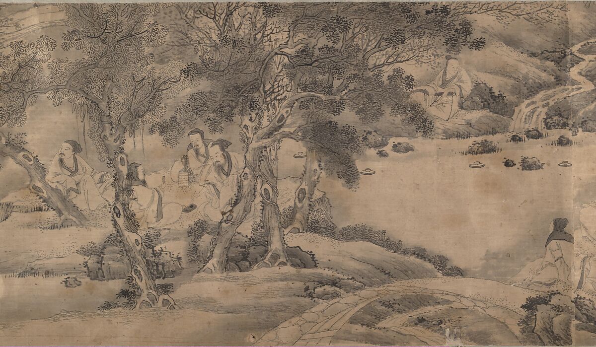 Gathering at the Orchid Pavilion, Qian Gong (Chinese, active 1573–1619), Handscroll; ink on figured damask, China