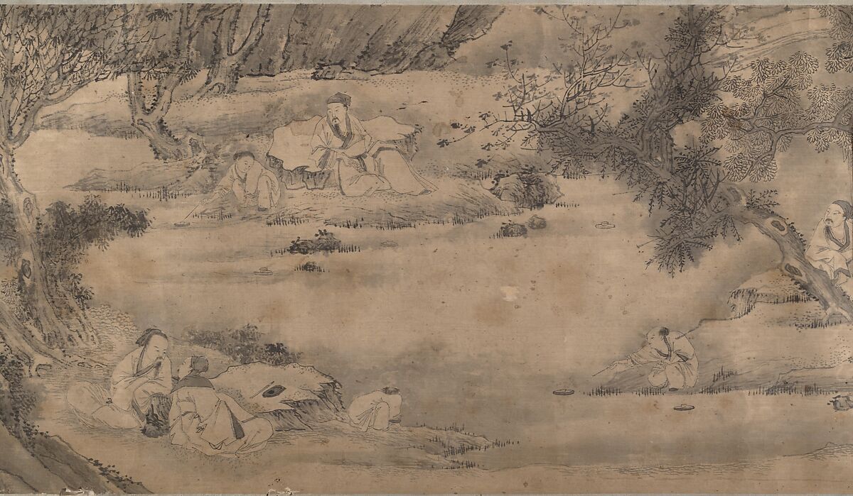 Gathering at the Orchid Pavilion, Qian Gong (Chinese, active 1573–1619), Handscroll; ink on figured damask, China