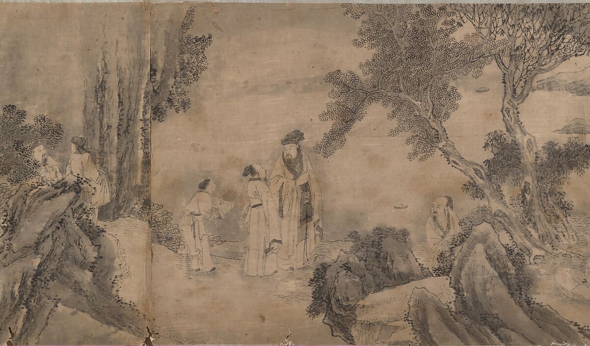 Gathering at the Orchid Pavilion, Qian Gong (Chinese, active 1573–1619), Handscroll; ink on figured damask, China