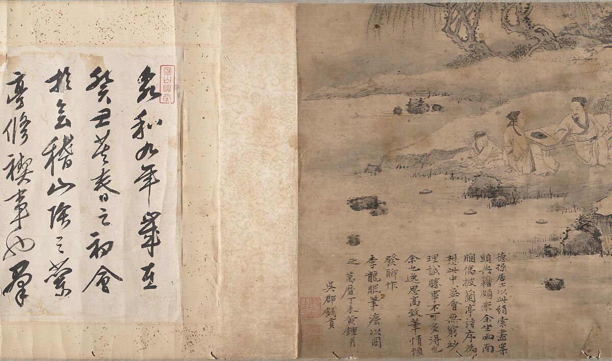 Gathering at the Orchid Pavilion, Qian Gong (Chinese, active 1573–1619), Handscroll; ink on figured damask, China