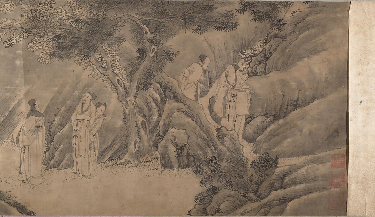 Gathering at the Orchid Pavilion, Qian Gong (Chinese, active 1573–1619), Handscroll; ink on figured damask, China