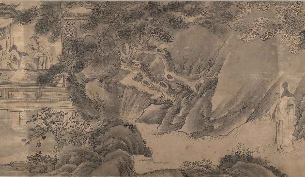 Gathering at the Orchid Pavilion, Qian Gong (Chinese, active 1573–1619), Handscroll; ink on figured damask, China