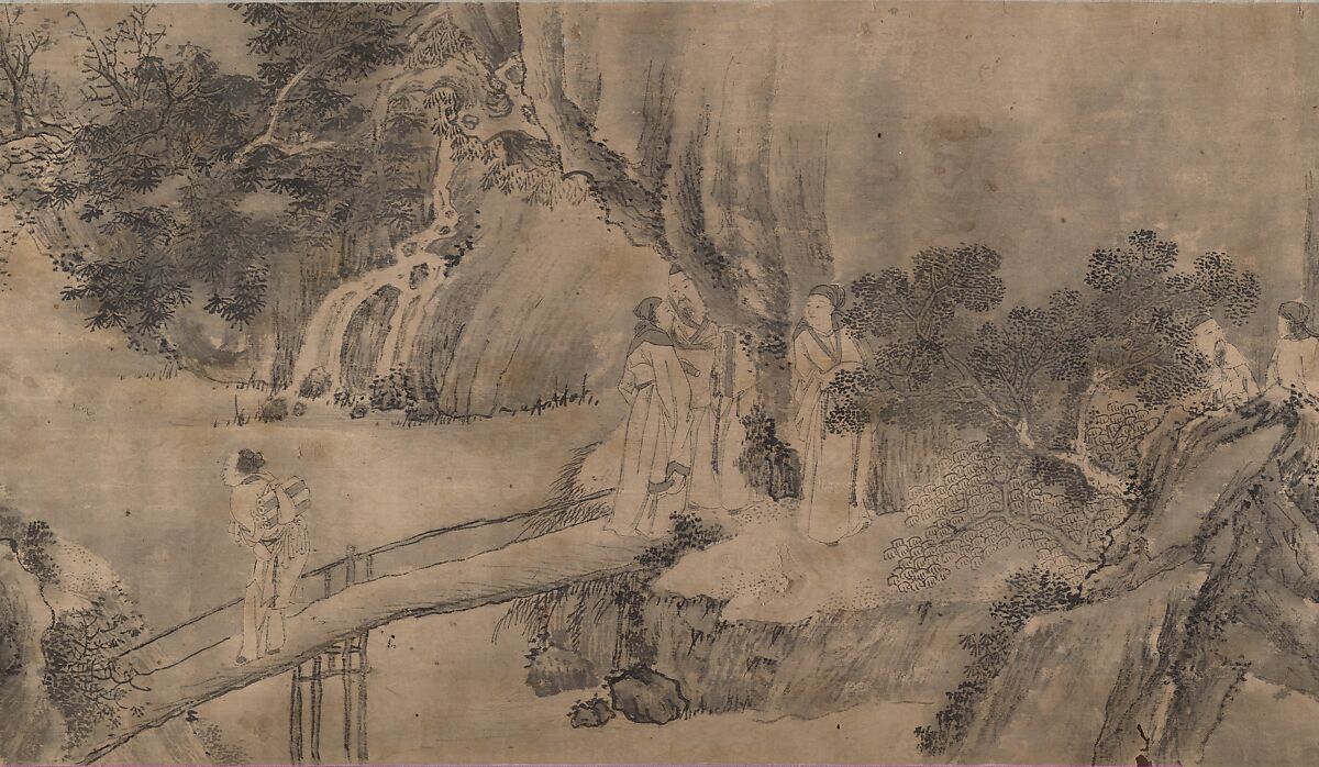 Gathering at the Orchid Pavilion, Qian Gong (Chinese, active 1573–1619), Handscroll; ink on figured damask, China