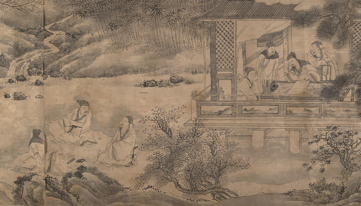 Gathering at the Orchid Pavilion, Qian Gong (Chinese, active 1573–1619), Handscroll; ink on figured damask, China 