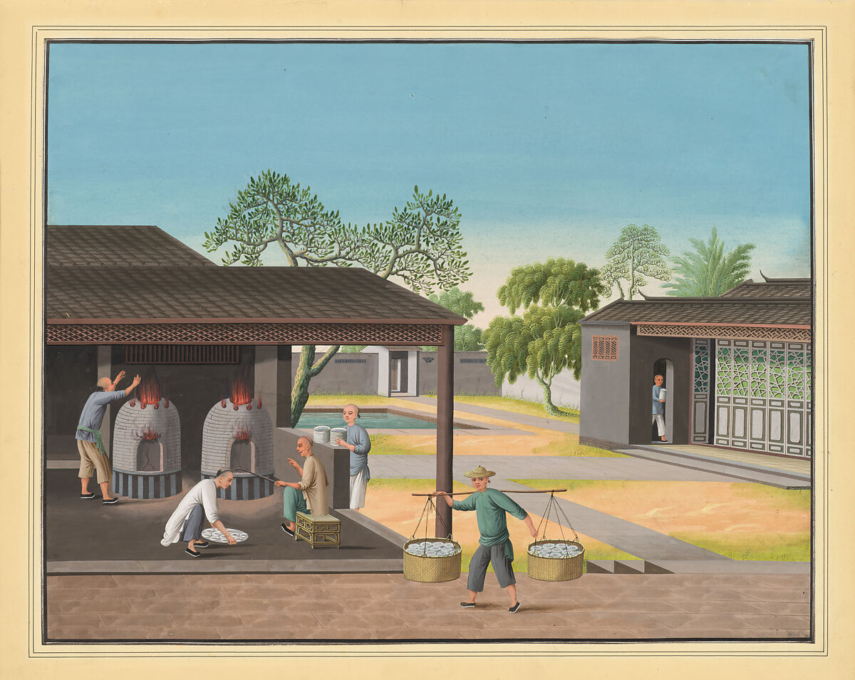 Using Muffle Stoves for the Firing of Porcelain in a Cantonese Workshop, Unidentified artist Chinese, 19th century, Watercolor on paper, China 