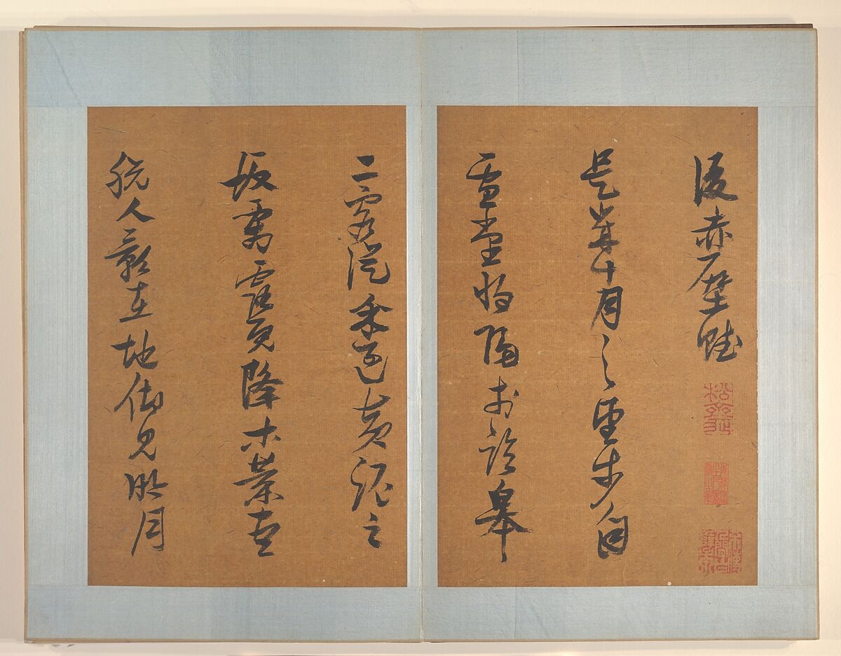 The Red Cliff Ode, by Su Dongpo (1036-1101), Zhang Ruitu (Chinese, 1570–1641), Album of sixteen calligraphies; ink on tan-coated paper, China 