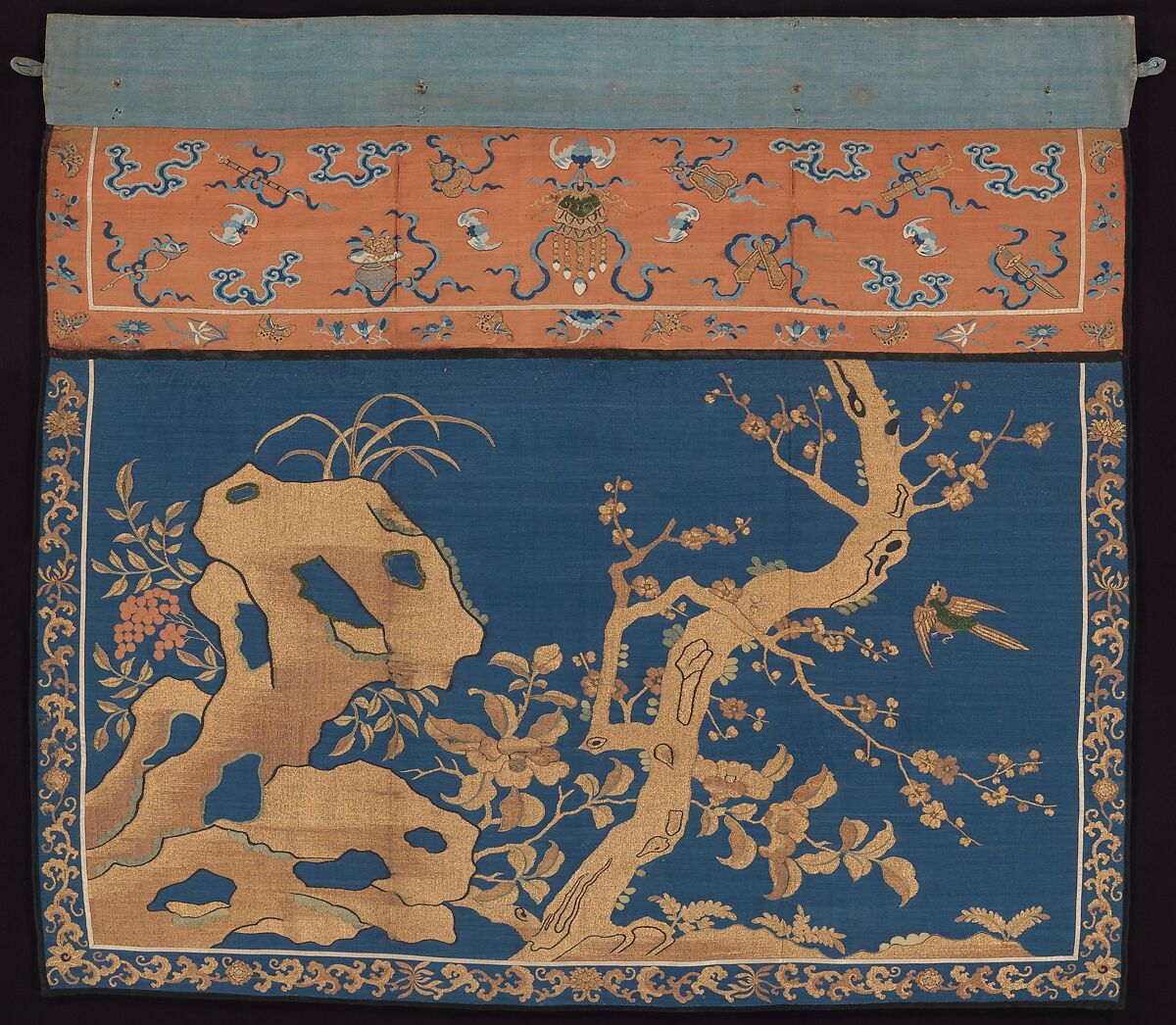 Table Valance with Winter Garden, Silk, metallic thread, and feather tapestry (kesi), China 