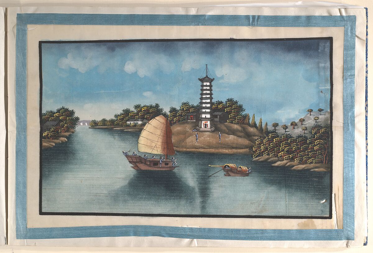 Album Containing Twelve Paintings of Scenes Along a River, Unidentified artist Chinese, 19th century, Album of twelve leaves; ink and color on pith paper, China