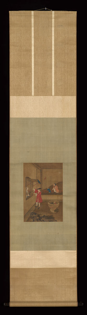 European Couple and Child Playing with Parrot, Unidentified artist Chinese, 18th century, Hanging scroll; ink and color on silk, China