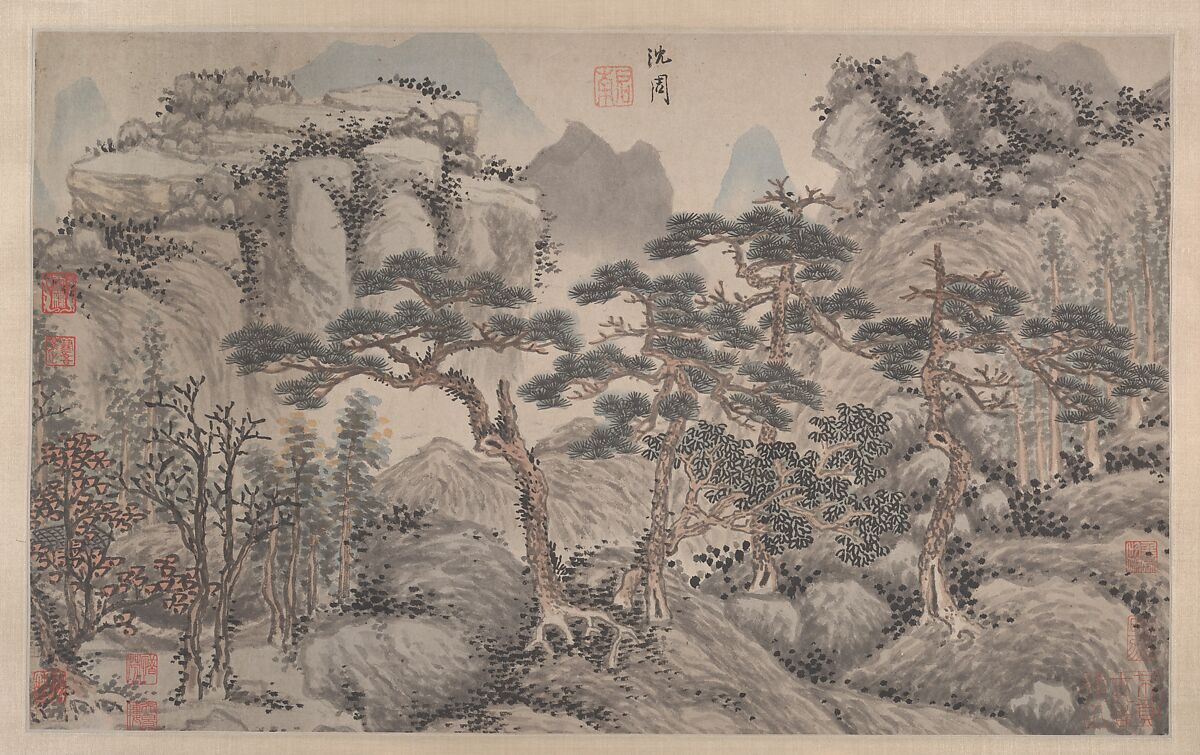 Landscape with Four Pines, In the style of Shen Zhou (Chinese, 1427–1509), Album leaf mounted as a hanging scroll; ink and color on paper, China 