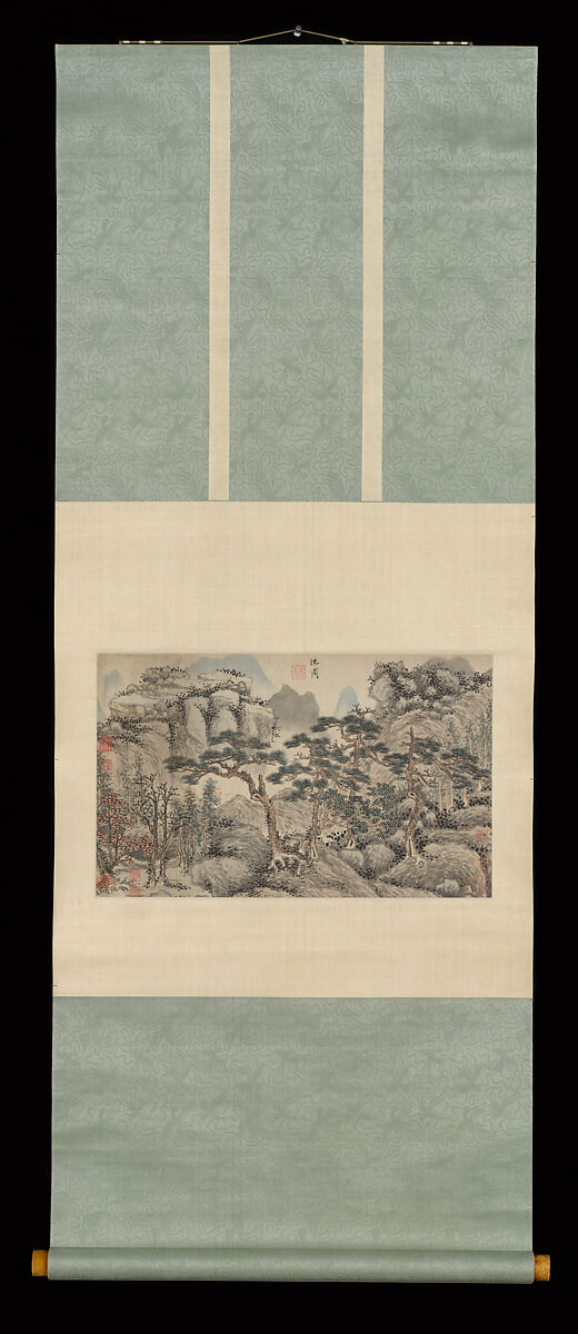 Landscape with Four Pines, In the style of Shen Zhou (Chinese, 1427–1509), Album leaf mounted as a hanging scroll; ink and color on paper, China