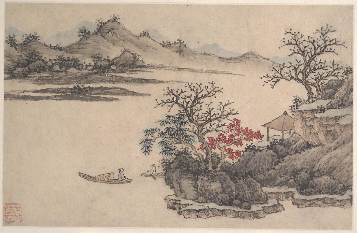 Landscape with Autumn Foliage, Attributed to Shen Zhou (Chinese, 1427–1509), Album leaf; ink and color on paper, China 
