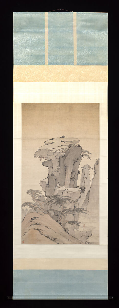 Scholar Contemplating Towering Rock, Unidentified artist, Hanging scroll; ink and color on paper, China