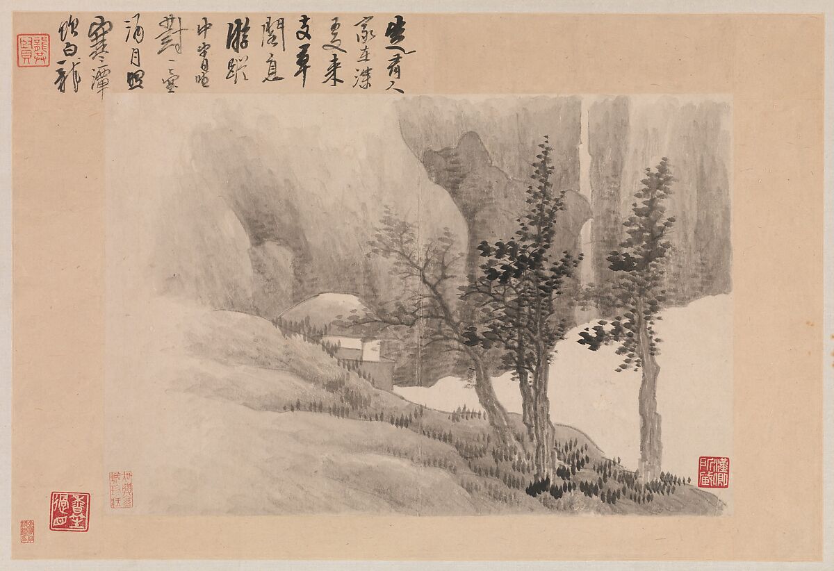 Landscapes with Poems, Gong Xian (Chinese, 1619–1689), Three leaves from an album (1980.516.2a–c and 1981.4.1a–o) of eighteen leaves, China 