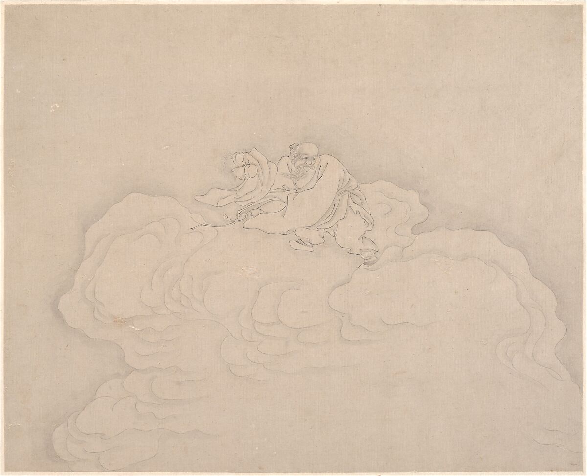 An Immortal on a Cloud with a Pair of Peaches, Unidentified artist, Leaf from an album; ink on paper, China 