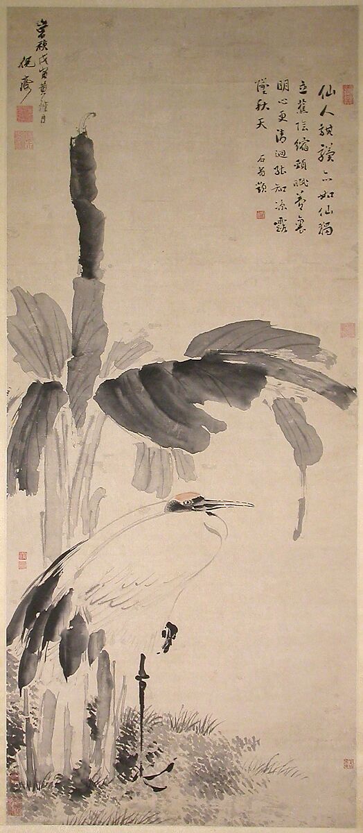 Crane Beneath a Banana Tree, Unidentified artist, Hanging scroll; ink and color on paper, China 