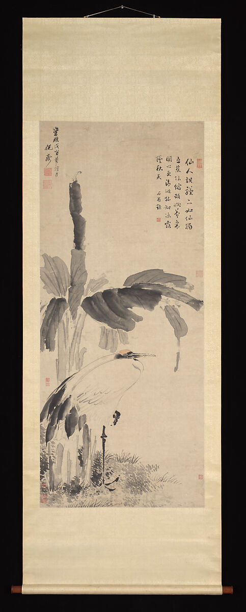 Crane Beneath a Banana Tree, Unidentified artist, Hanging scroll; ink and color on paper, China