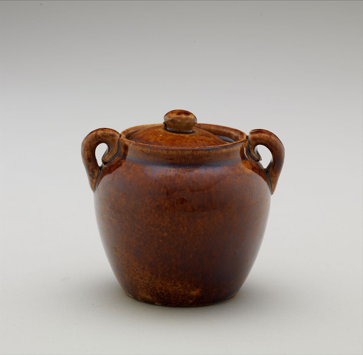 Miniature Covered Jar, Mottled brown earthenware, American 