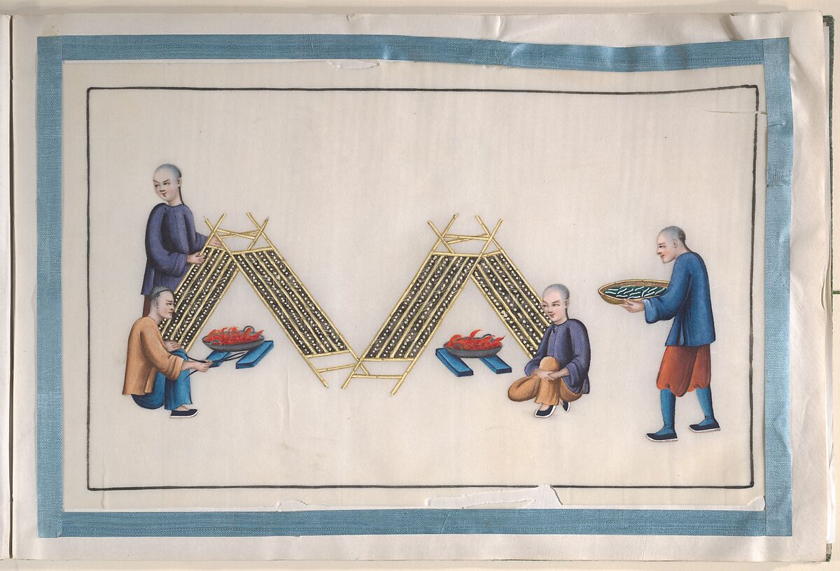 Album Containing Twelve Paintings of People Making Silk, Unidentified artist, Album of twelve leaves; color on pith paper, China