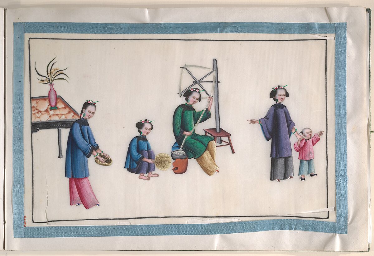 Album Containing Twelve Paintings of People Making Silk, Unidentified artist, Album of twelve leaves; color on pith paper, China