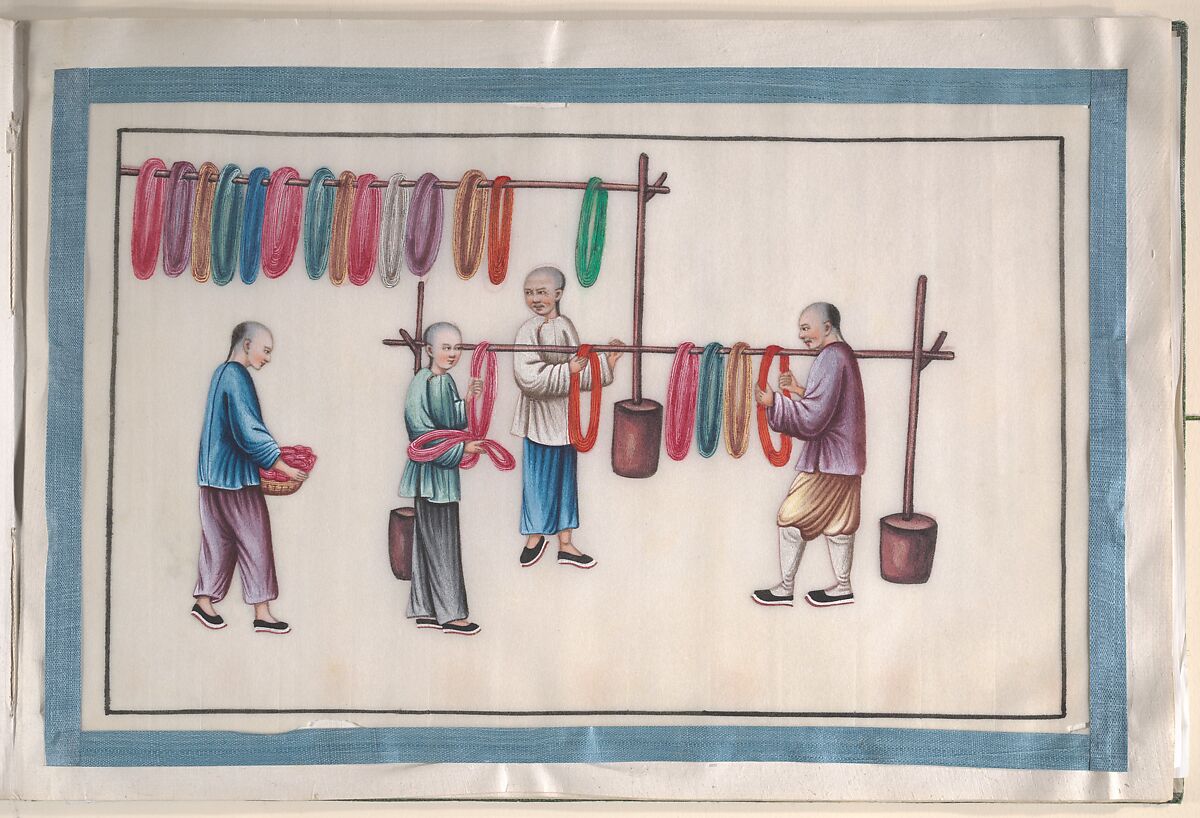 Album Containing Twelve Paintings of People Making Silk, Unidentified artist, Album of twelve leaves; color on pith paper, China