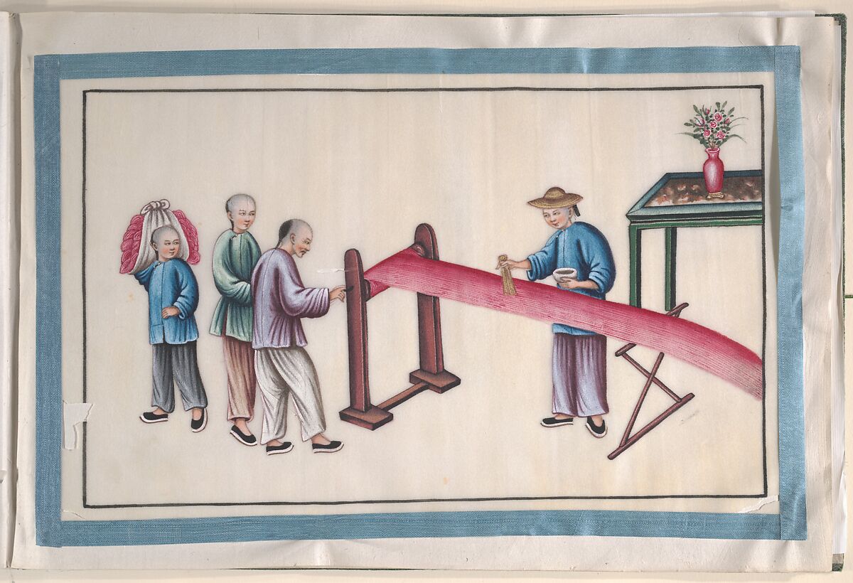 Album Containing Twelve Paintings of People Making Silk, Unidentified artist, Album of twelve leaves; color on pith paper, China