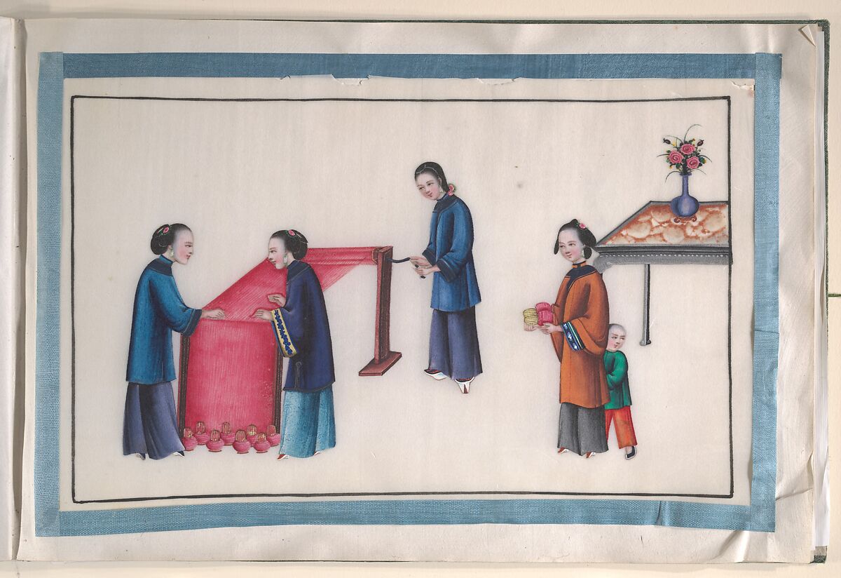 Album Containing Twelve Paintings of People Making Silk, Unidentified artist, Album of twelve leaves; color on pith paper, China