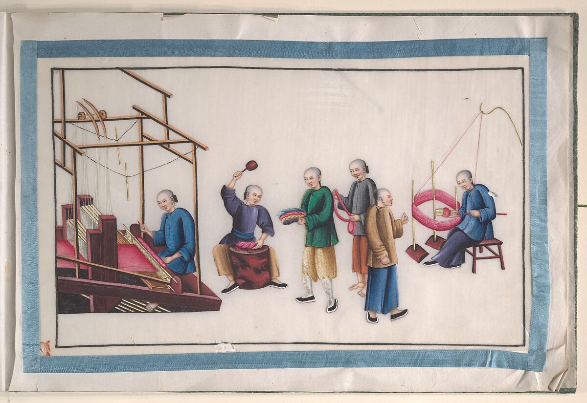 Album Containing Twelve Paintings of People Making Silk, Unidentified artist, Album of twelve leaves; color on pith paper, China