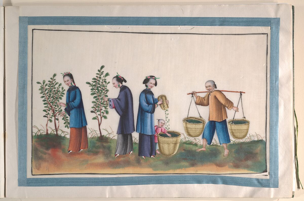 Album Containing Twelve Paintings of People Making Silk, Unidentified artist, Album of twelve leaves; color on pith paper, China