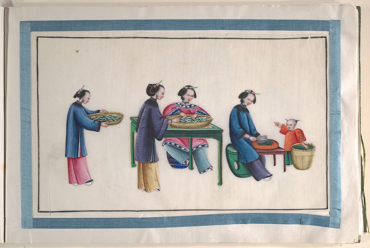 Album Containing Twelve Paintings of People Making Silk, Unidentified artist, Album of twelve leaves; color on pith paper, China