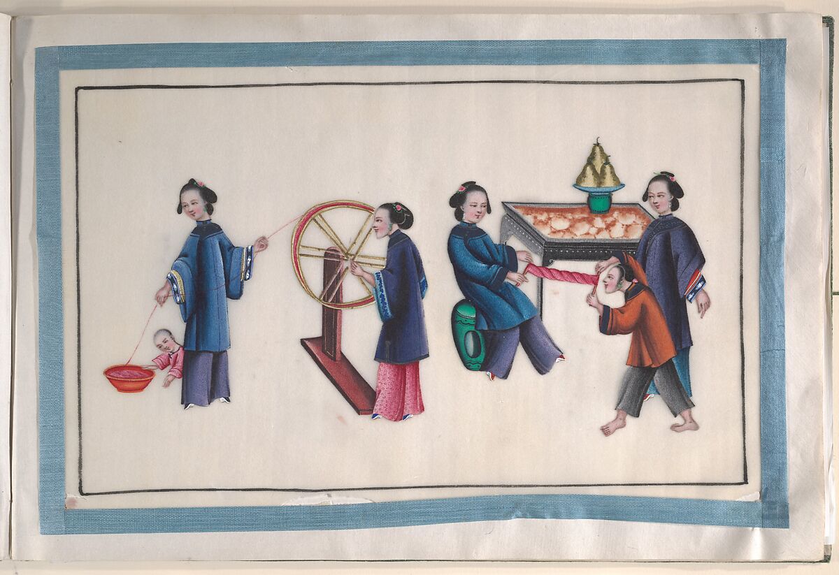 Album Containing Twelve Paintings of People Making Silk, Unidentified artist, Album of twelve leaves; color on pith paper, China