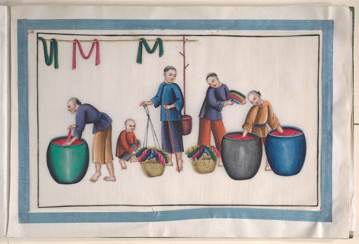 Album Containing Twelve Paintings of People Making Silk, Unidentified artist, Album of twelve leaves; color on pith paper, China
