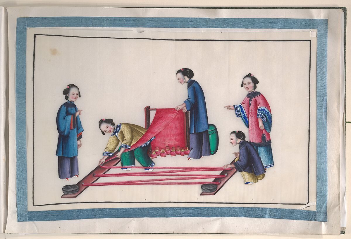 Album Containing Twelve Paintings of People Making Silk, Unidentified artist, Album of twelve leaves; color on pith paper, China