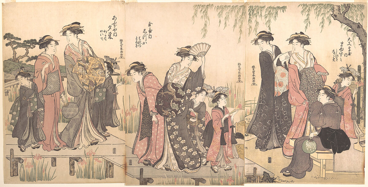 Courtesans in an Iris Garden, Katsukawa Shunchō (Japanese, active ca. 1783–95), Triptych of woodblock prints; ink and color on paper, Japan 