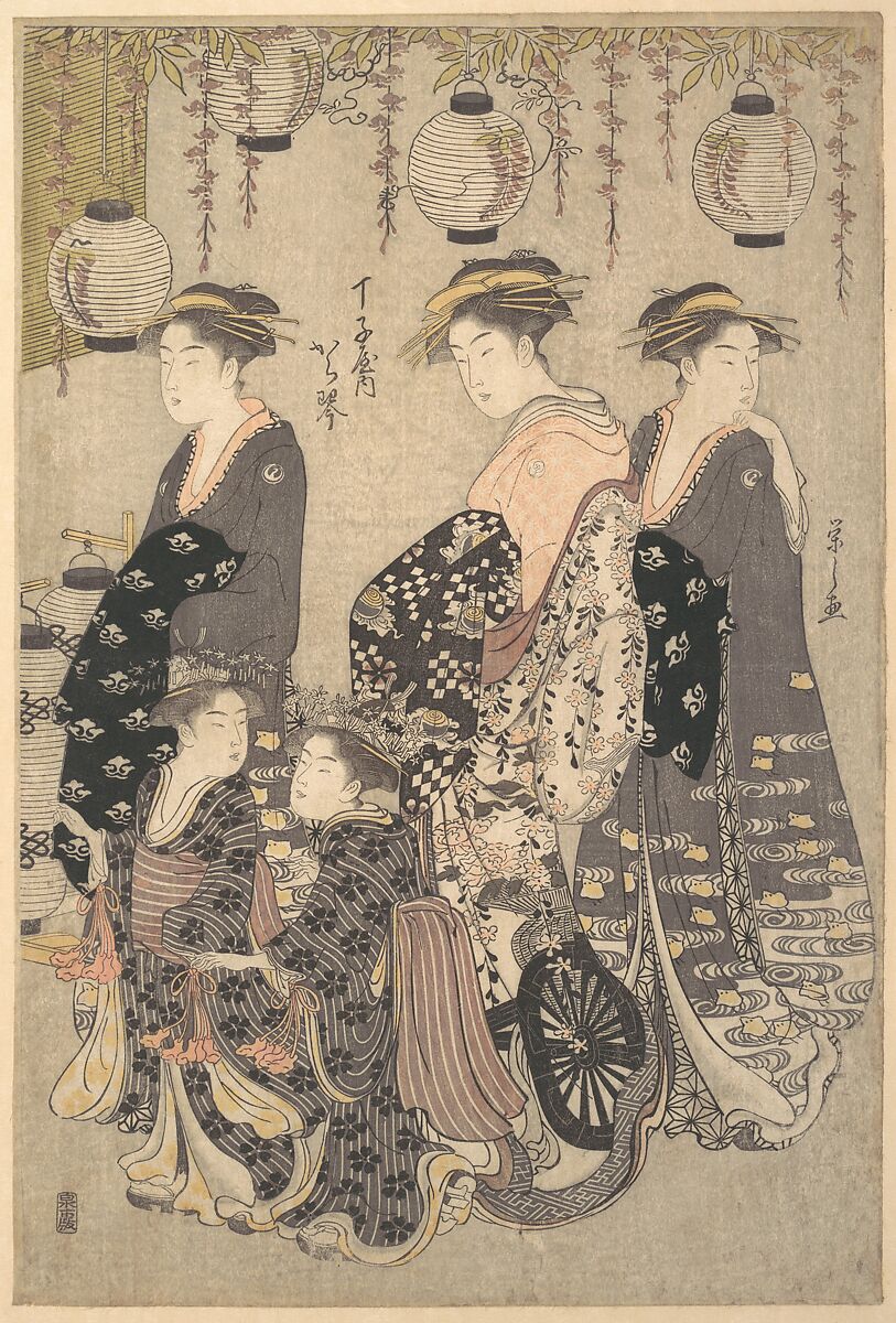 Karakoto of Chojiya on Parade, Chōbunsai Eishi (Japanese, 1756–1829), One sheet of a triptych of woodblock prints; ink and color on paper, Japan 