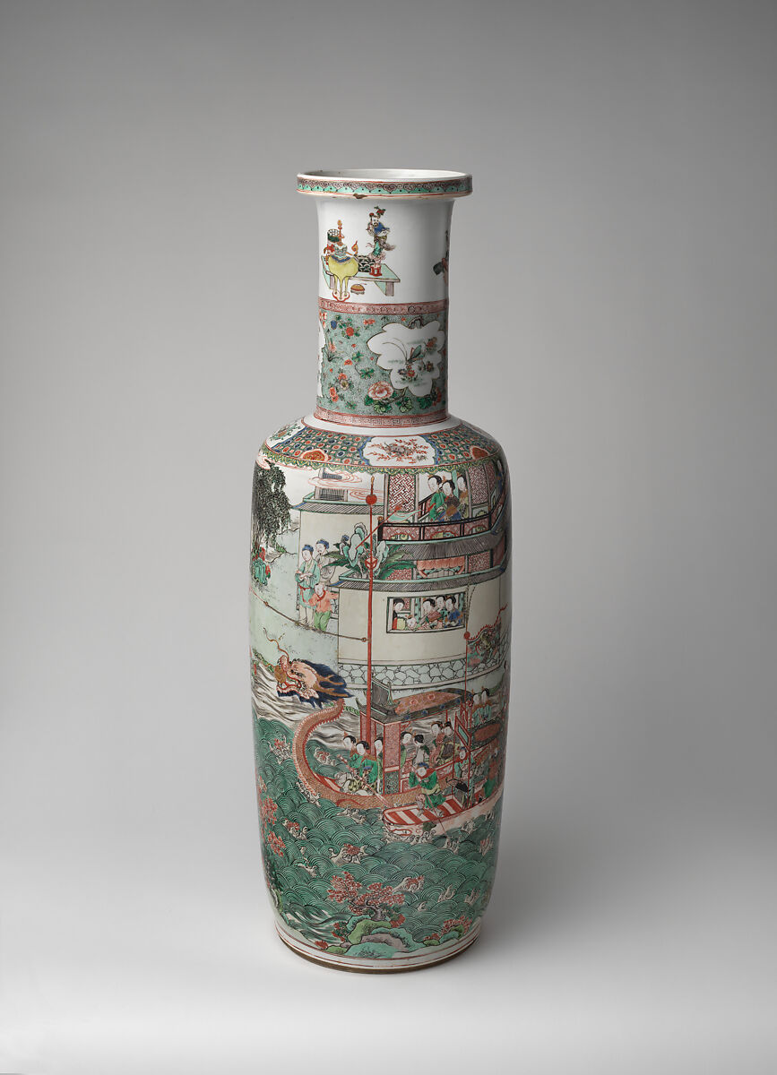 Vase with performance of dragon boat, Porcelain painted with overglaze polychrome enamels (Jingdezhen ware), China 