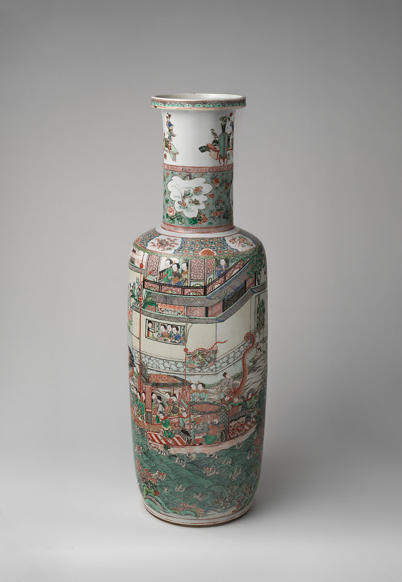 Vase with performance of dragon boat, Porcelain painted with overglaze polychrome enamels (Jingdezhen ware), China