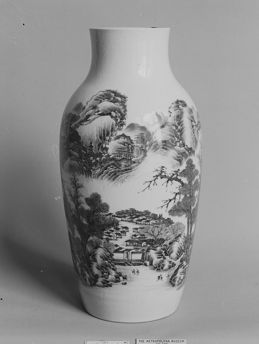 Vase with Village Scene, Porcelain painted with cobalt blue under a transparent glaze (Jingdezhen ware), China 