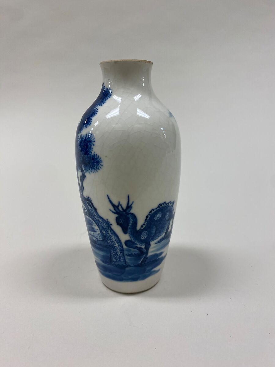 Vase with deer and pine tree, Porcelain painted in underglaze cobalt blue (Jingdezhen ware), China 