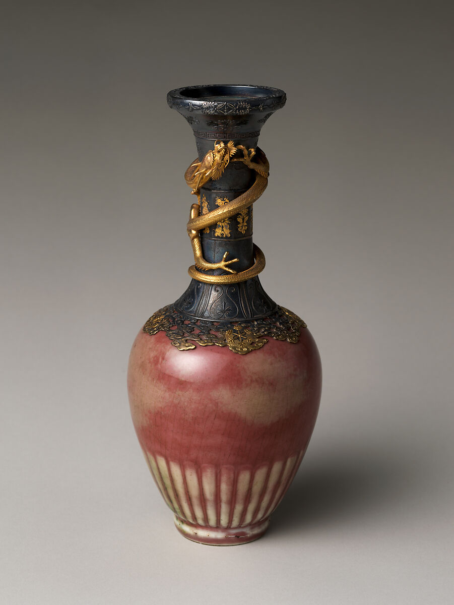 Vase with Coiling Dragon, Porcelain with peach-bloom glaze (Jingdezhen ware); Western mount, China 