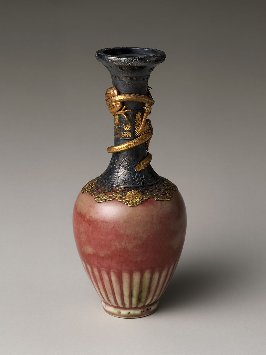 Vase with Coiling Dragon, Porcelain with peach-bloom glaze (Jingdezhen ware); Western mount, China